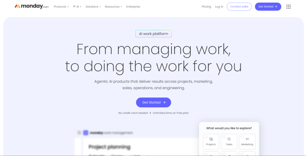 Top 7 Best Project Management Tools for Small Businesses in 2026 monday.com homepage displaying ai powered work management platform with project management and crm features.