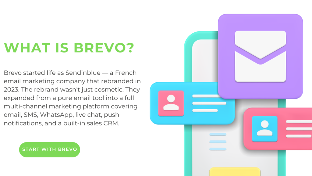 what is brevo email marketing platform banner explaining brevo features for small businesses.