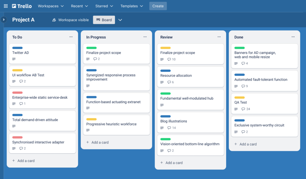 Trello kanban board showing In Progress, Review and Done 
columns — simple project management for freelancers 2026