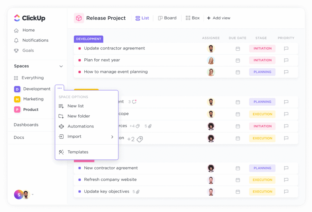 ClickUp Spaces showing client projects and task lists 
— best project management tool for freelancers 2026