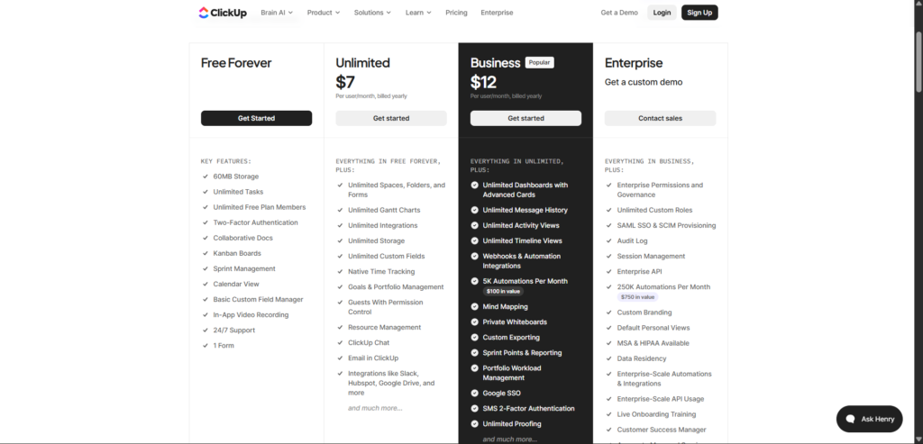 ClickUp Review 2026: Is It Really Worth It for Small Businesses? clickup pricing table