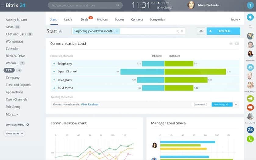 Bitrix24 free CRM dashboard showing team chat, project 
management and deals —