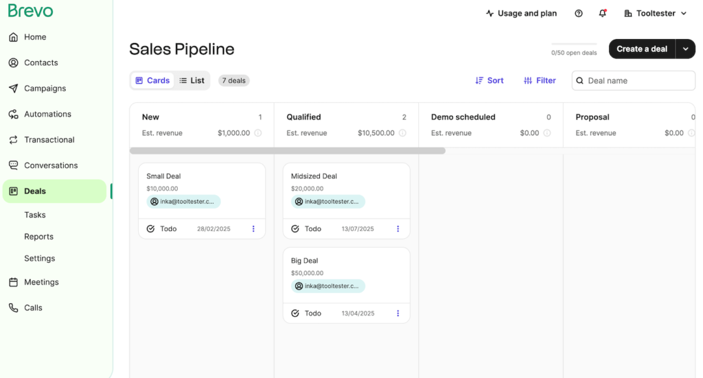 Brevo CRM dashboard showing email marketing and deal 
pipeline