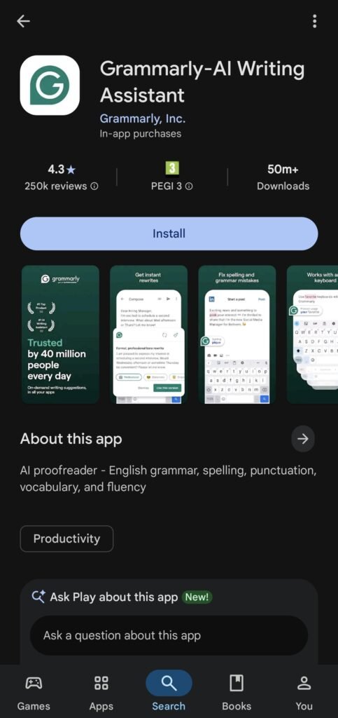grammarly app google play store 4.3 stars 50 million downloads android 2026