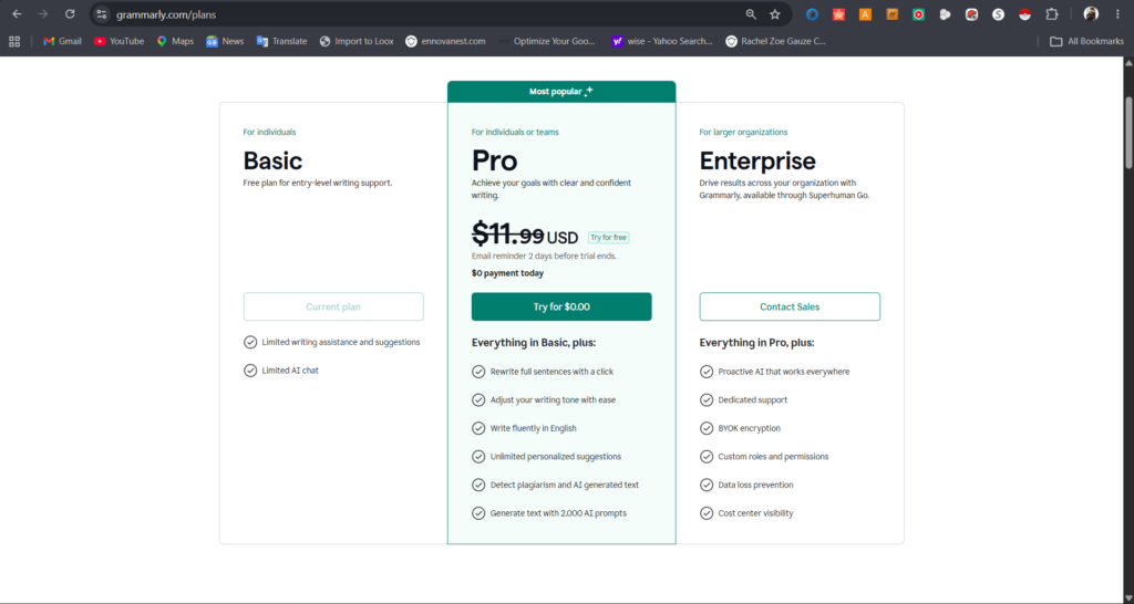 grammarly pricing plans 2026 basic free pro 11.99 enterprise comparison
