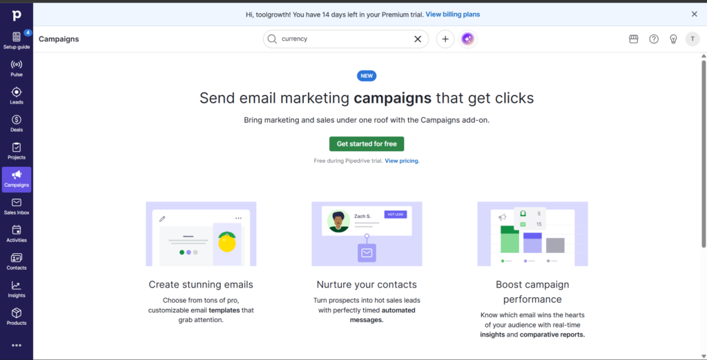 pipdrive campaigns dashboard showing