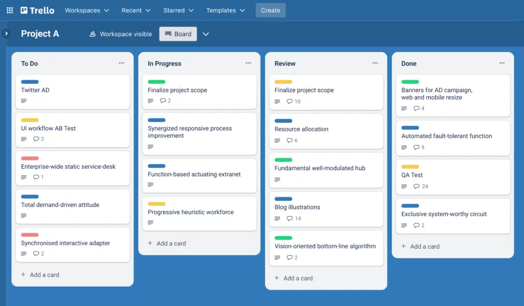 Trello kanban board showing In Progress, Review and Done
columns — simple project management for freelancers 2026