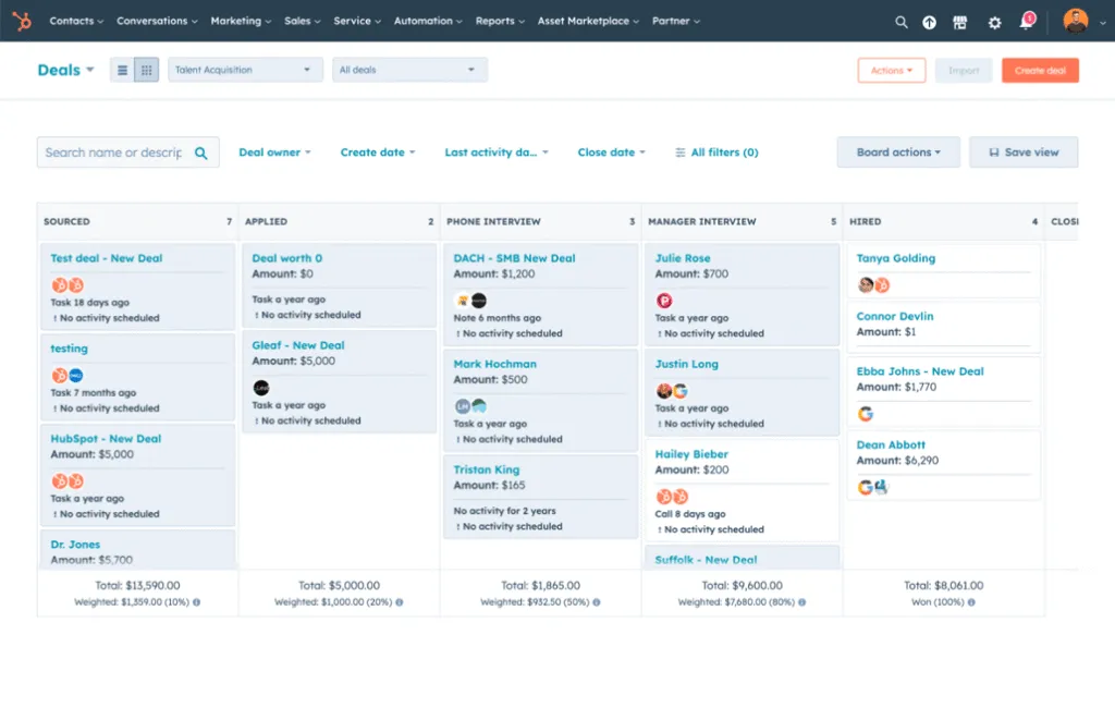 HubSpot free CRM dashboard showing contact management
and deal pipeline — free vs paid CRM software comparison 2026