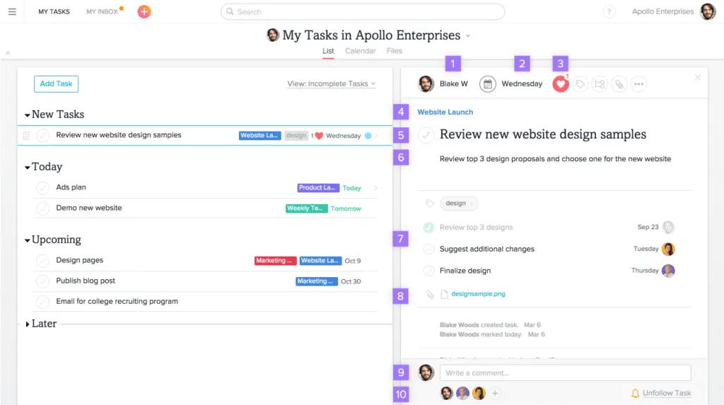 Asana task management view showing subtasks, deadlines
and dependencies