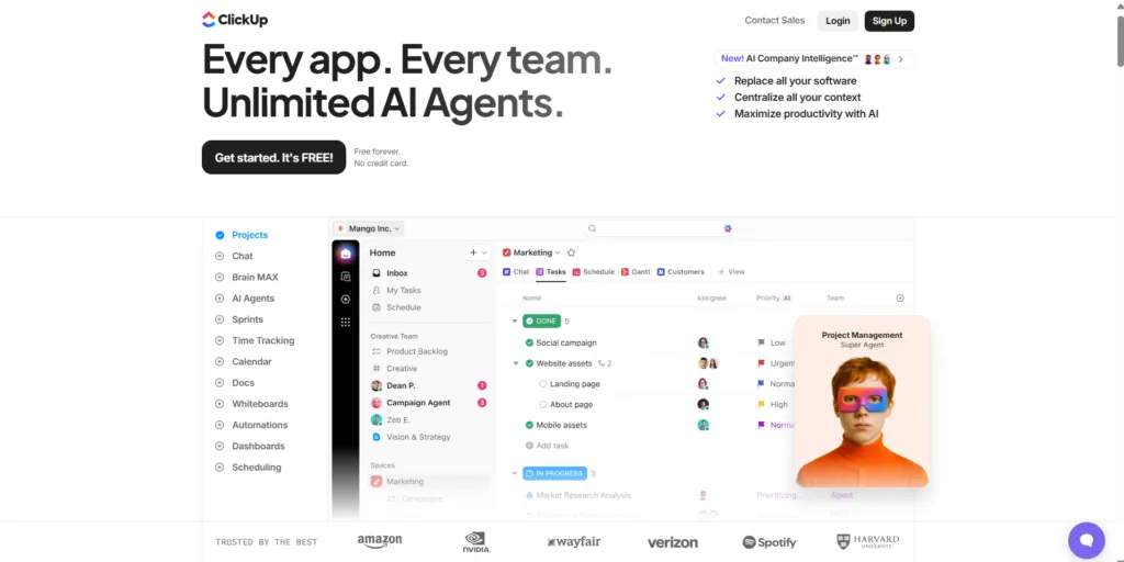 clickup interface highlighting project management tools, task tracking, workflow automation, and team collaboration features.