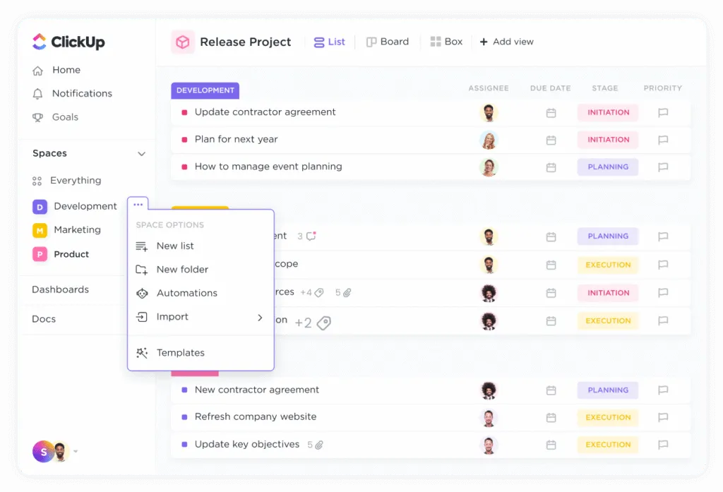 ClickUp Spaces showing client projects and task lists
— best project management tool for freelancers 2026