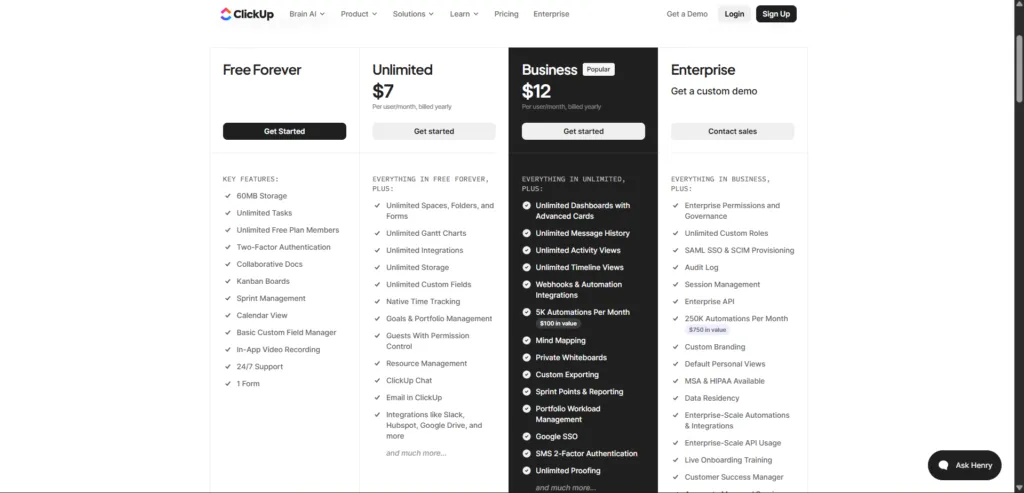 clickup pricing table