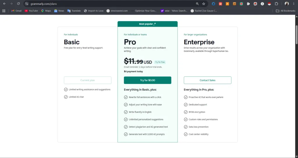 grammarly pricing plans 2026 basic free pro 11.99 enterprise comparison