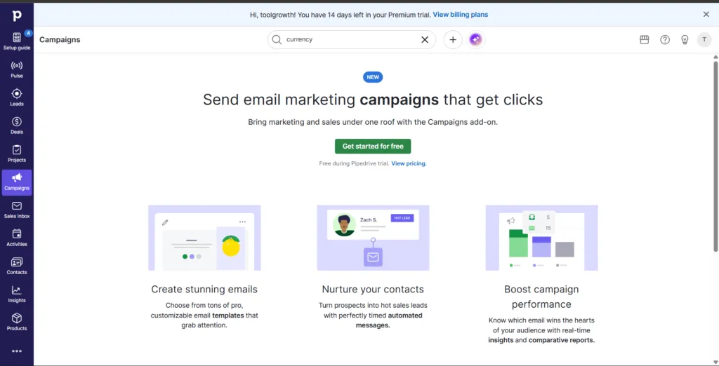 pipdrive campaigns dashboard showing