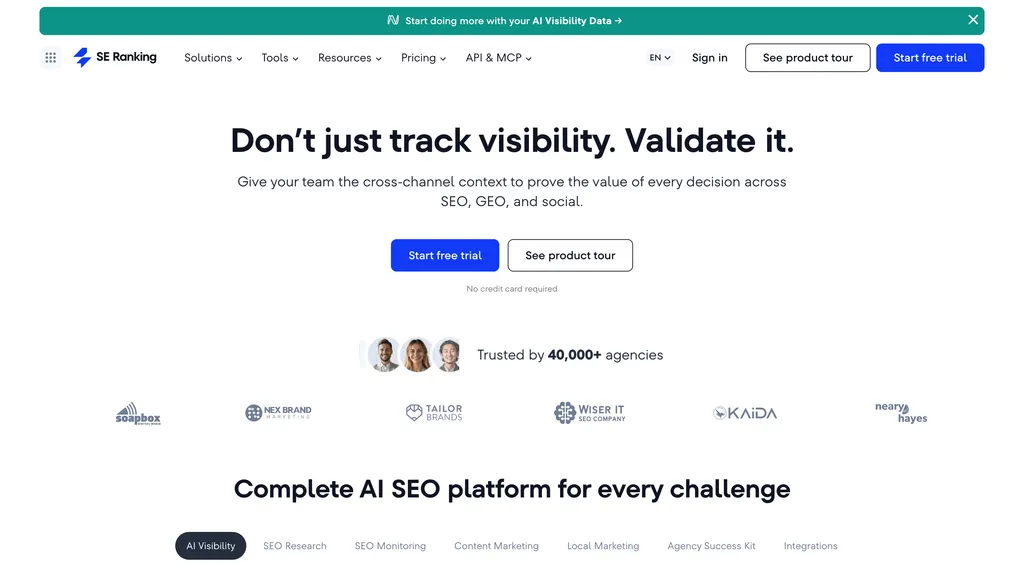 SE Ranking homepage showing its AI SEO platform positioning across SEO, GEO, and social visibility tracking
