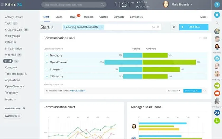 Bitrix24 free CRM dashboard showing team chat, project
management and deals —