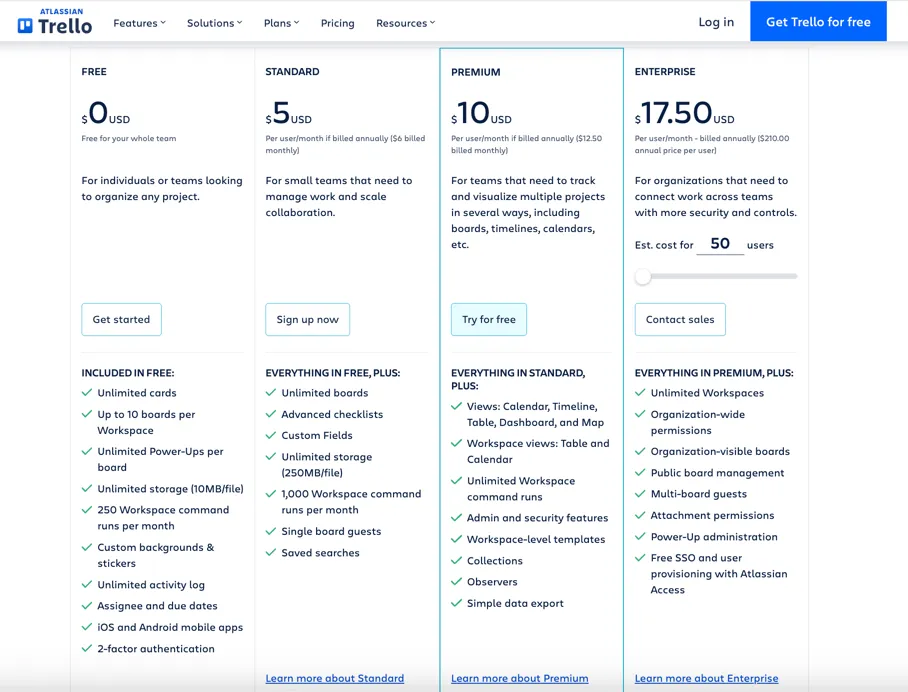 trello pricing plans