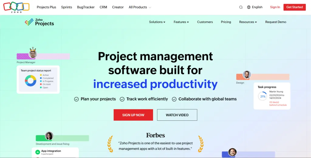 zoho projects interface displaying task management, collaboration tools, and productivity focused project management features