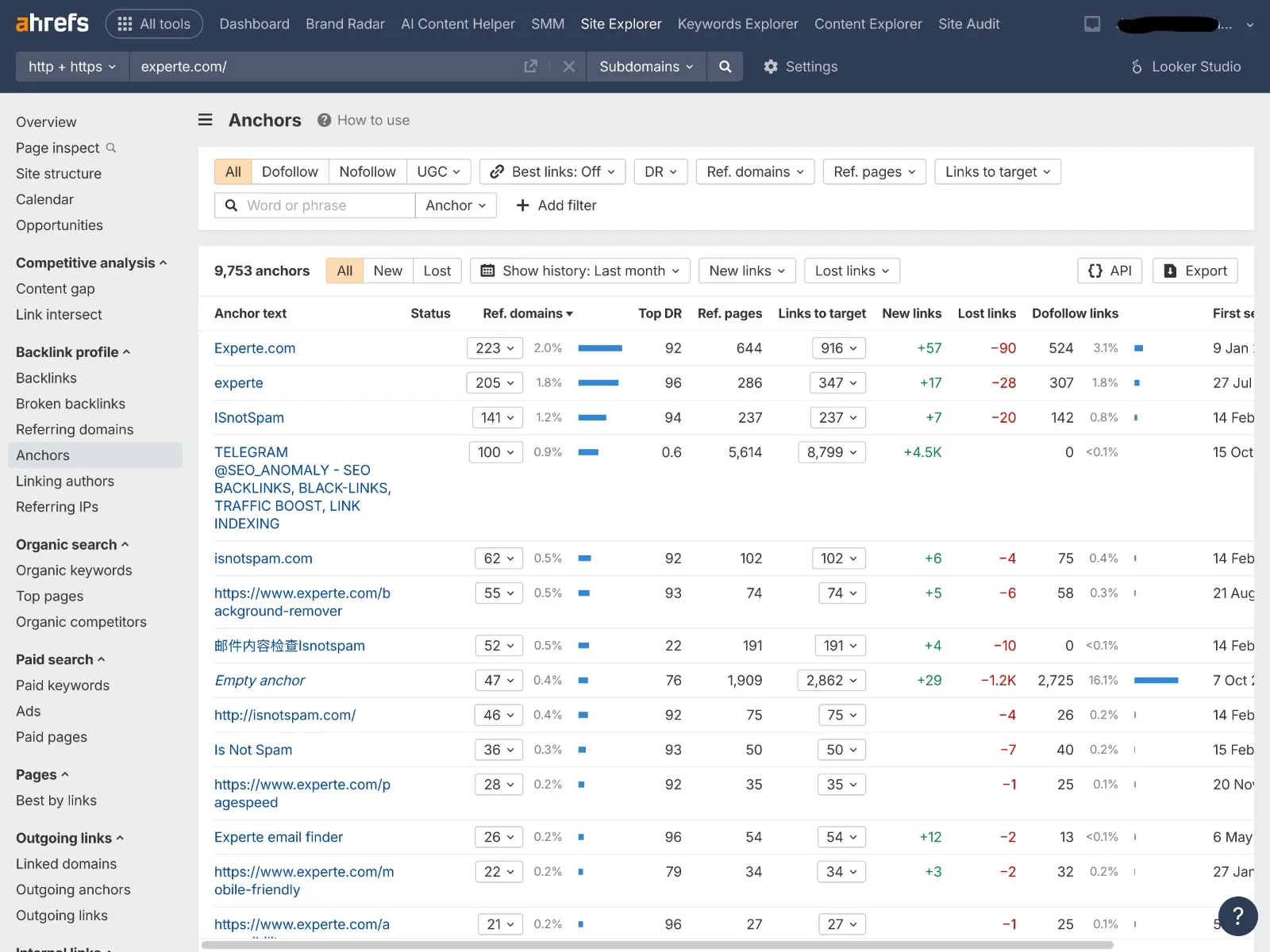 Ahrefs Anchors report showing anchor text distribution and referring-domain metrics