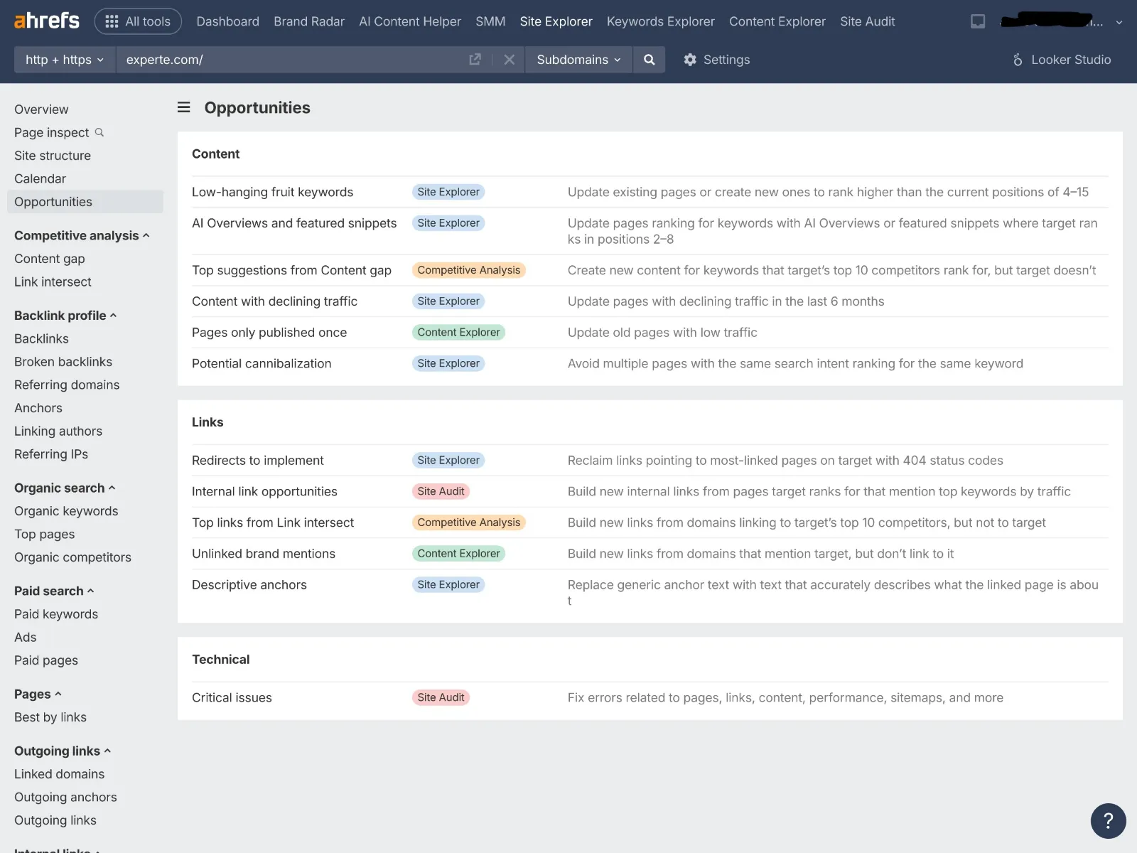 Ahrefs Opportunities dashboard listing content, link and technical SEO opportunities