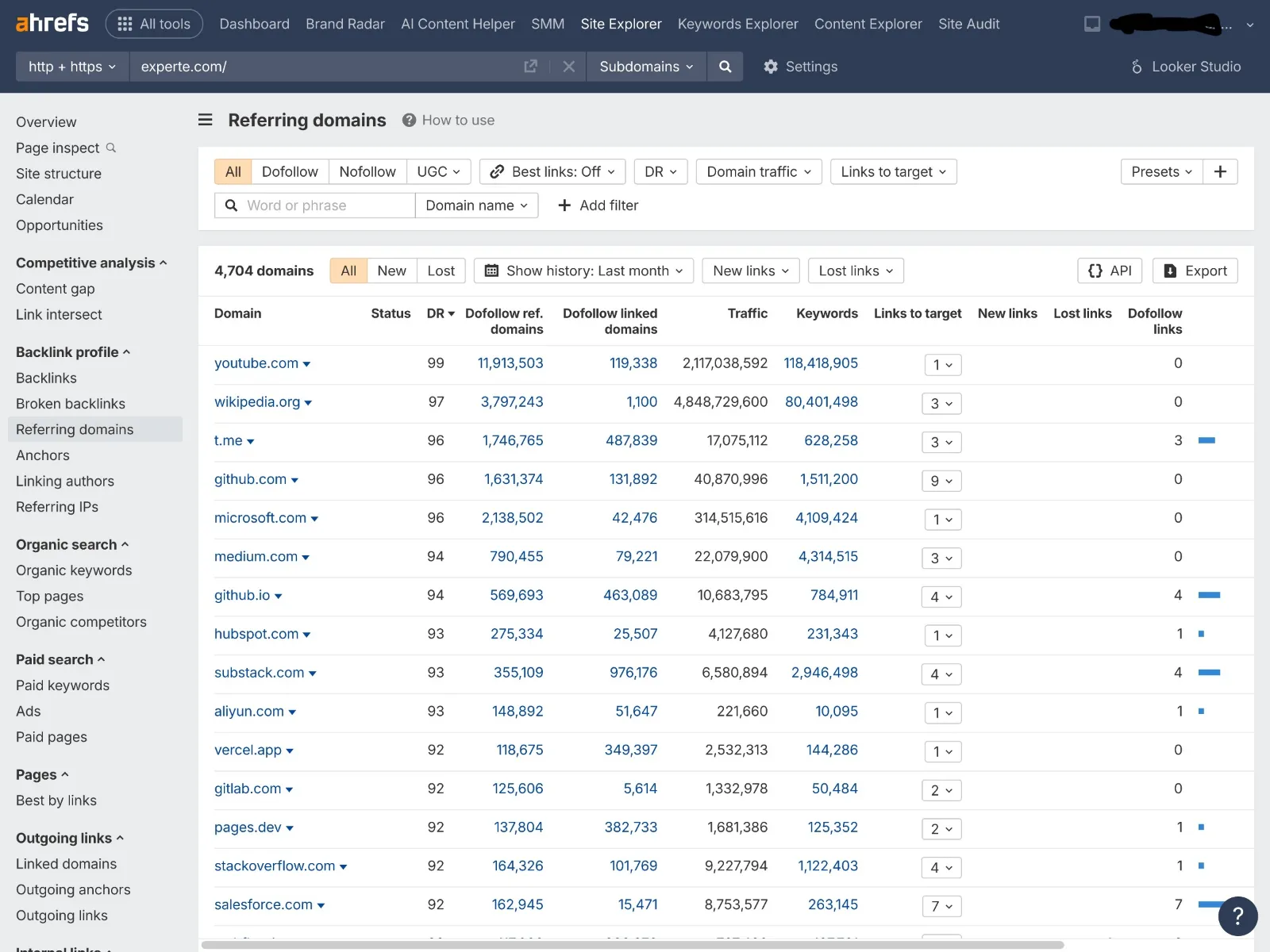 Ahrefs Referring Domains report for experte.com with domain authority and traffic columns