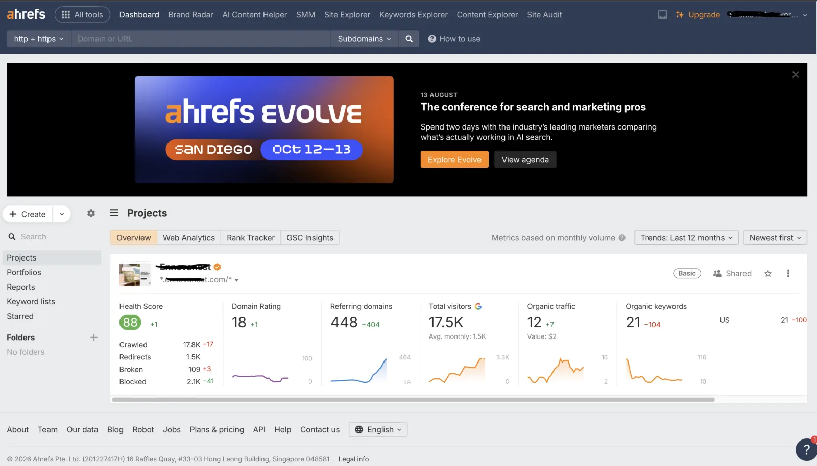 Ahrefs Site Audit overview for Ennovanest showing Health Score 88 and crawl statistics