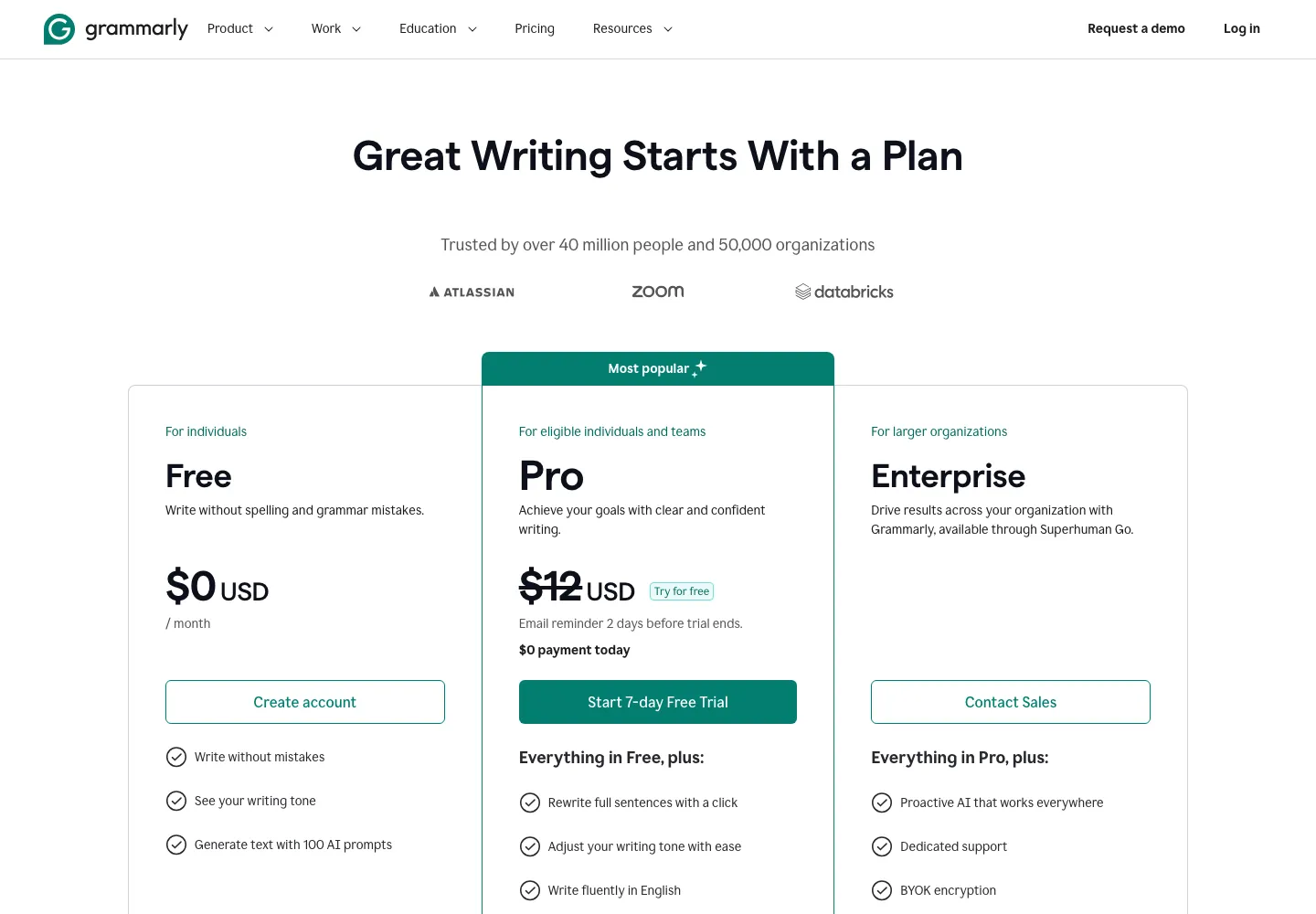 Grammarly pricing plans 2026 Free Pro and Enterprise