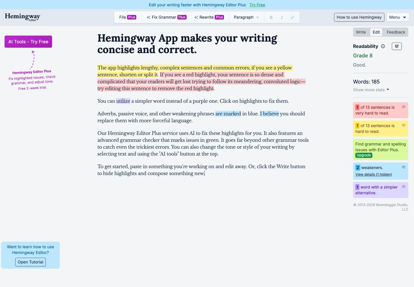 Hemingway Editor free web app readability highlights