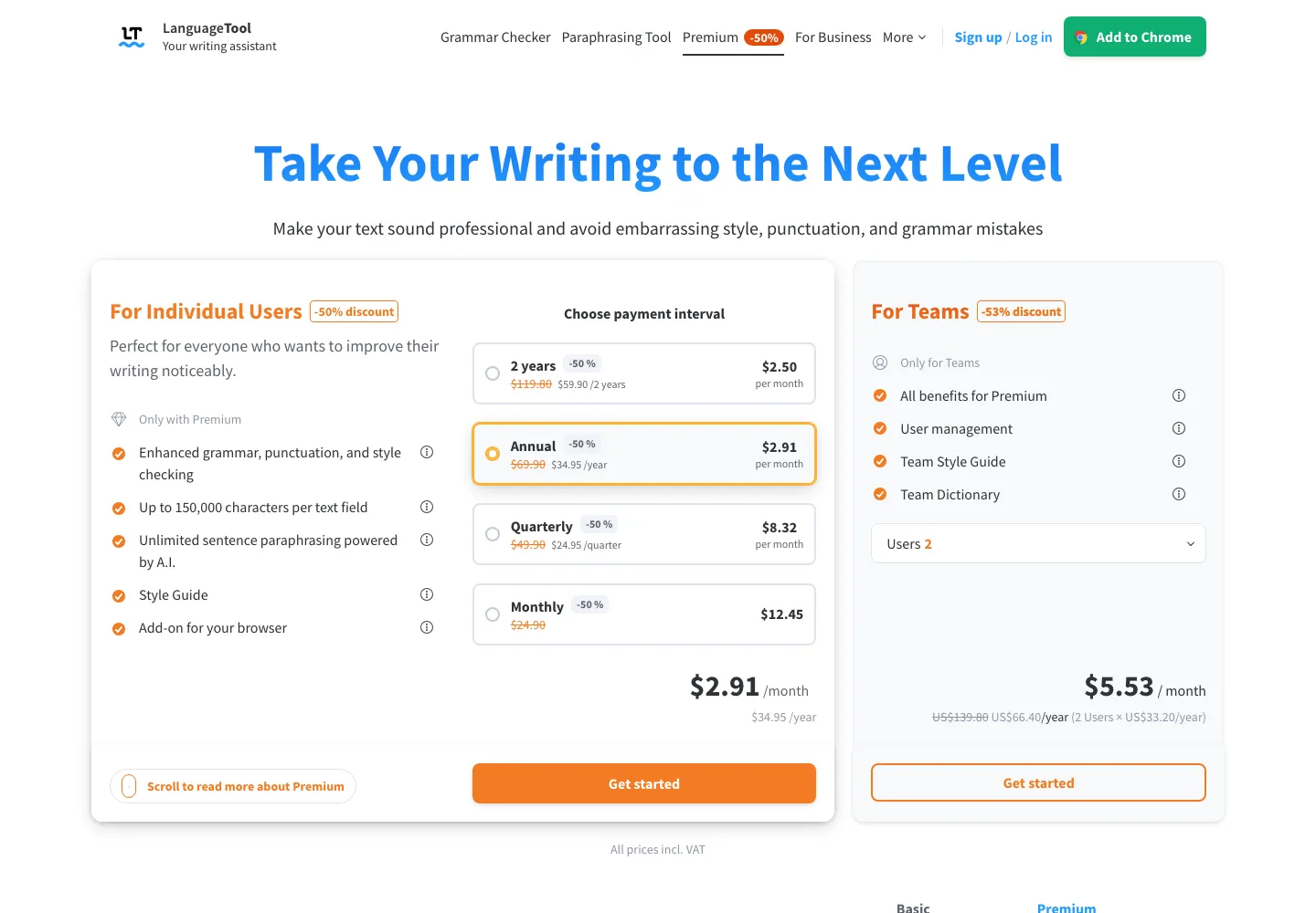 LanguageTool Premium pricing 2026 with 50% discount