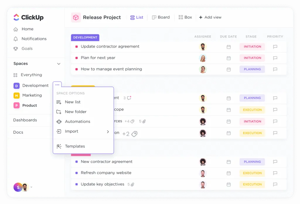 ClickUp project management dashboard showing tasks,
priorities and team workflow — best tools for remote teams