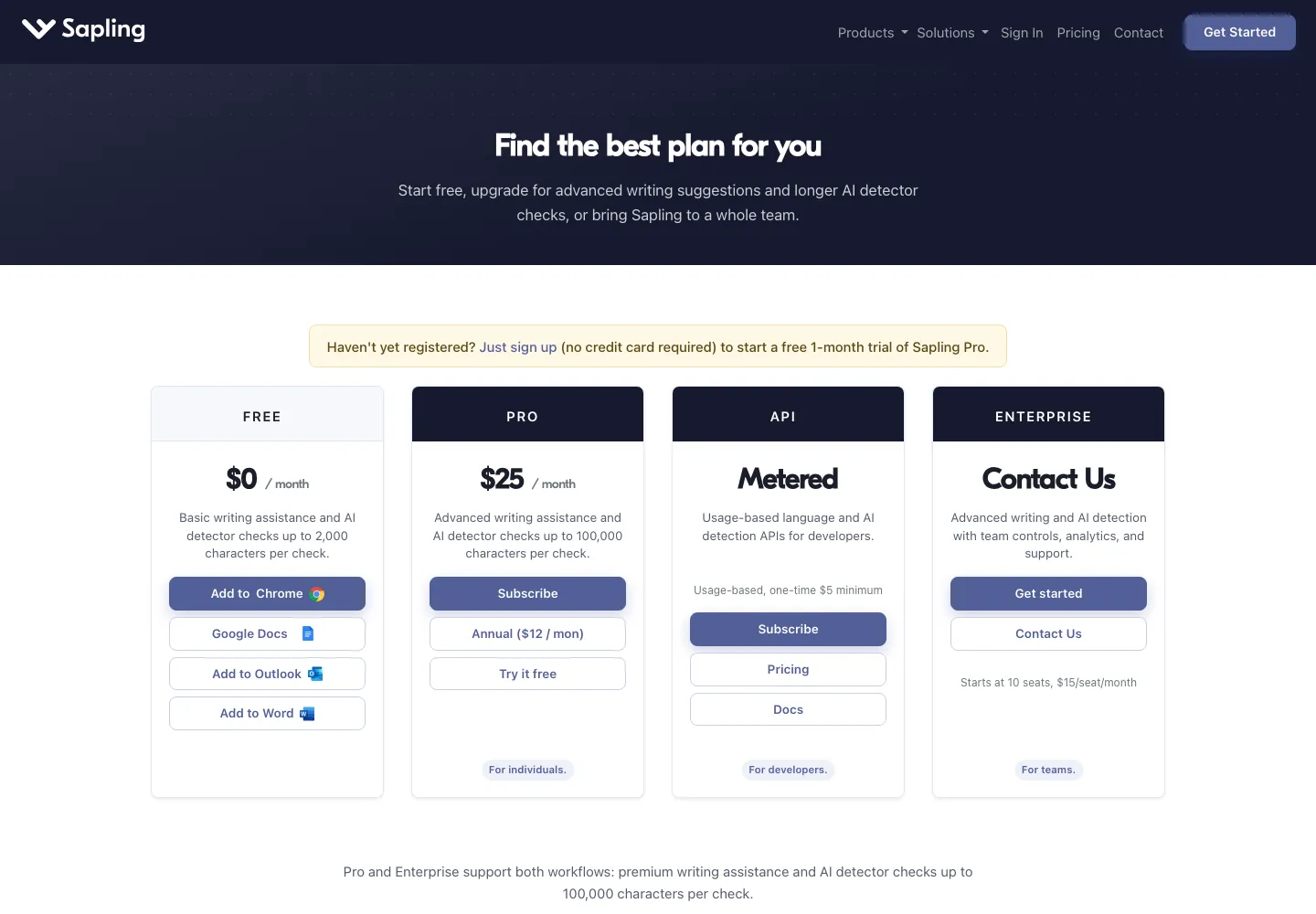 Sapling pricing plans 2026 Free Pro API Enterprise