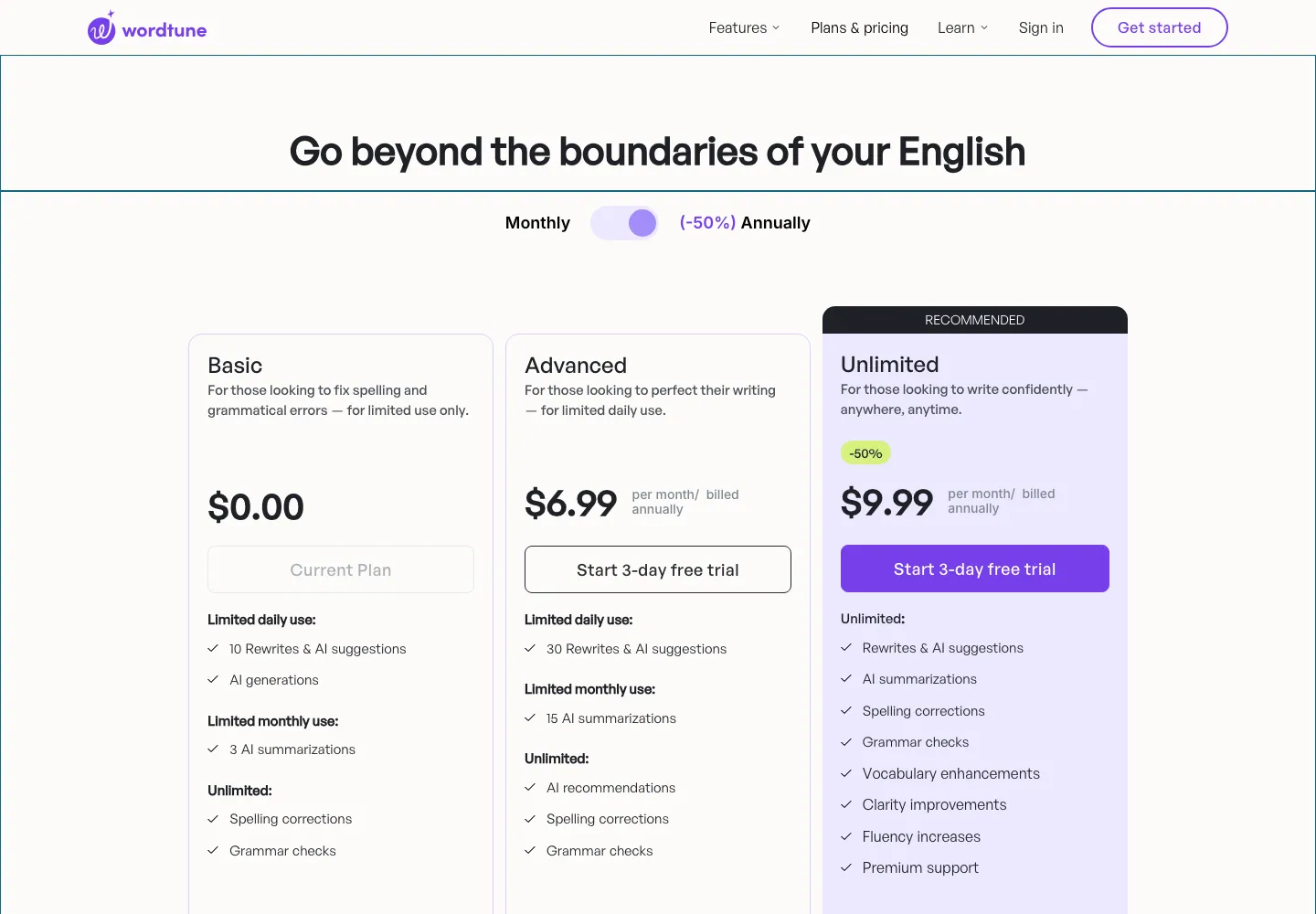 Wordtune pricing plans 2026 Basic Advanced Unlimited