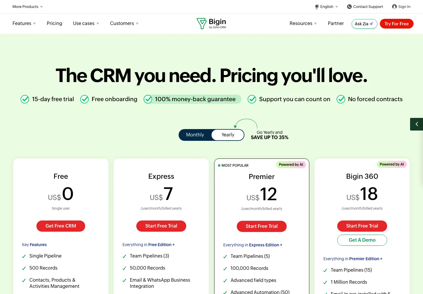 Bigin by Zoho CRM pricing 2026 Free Express Premier Bigin 360