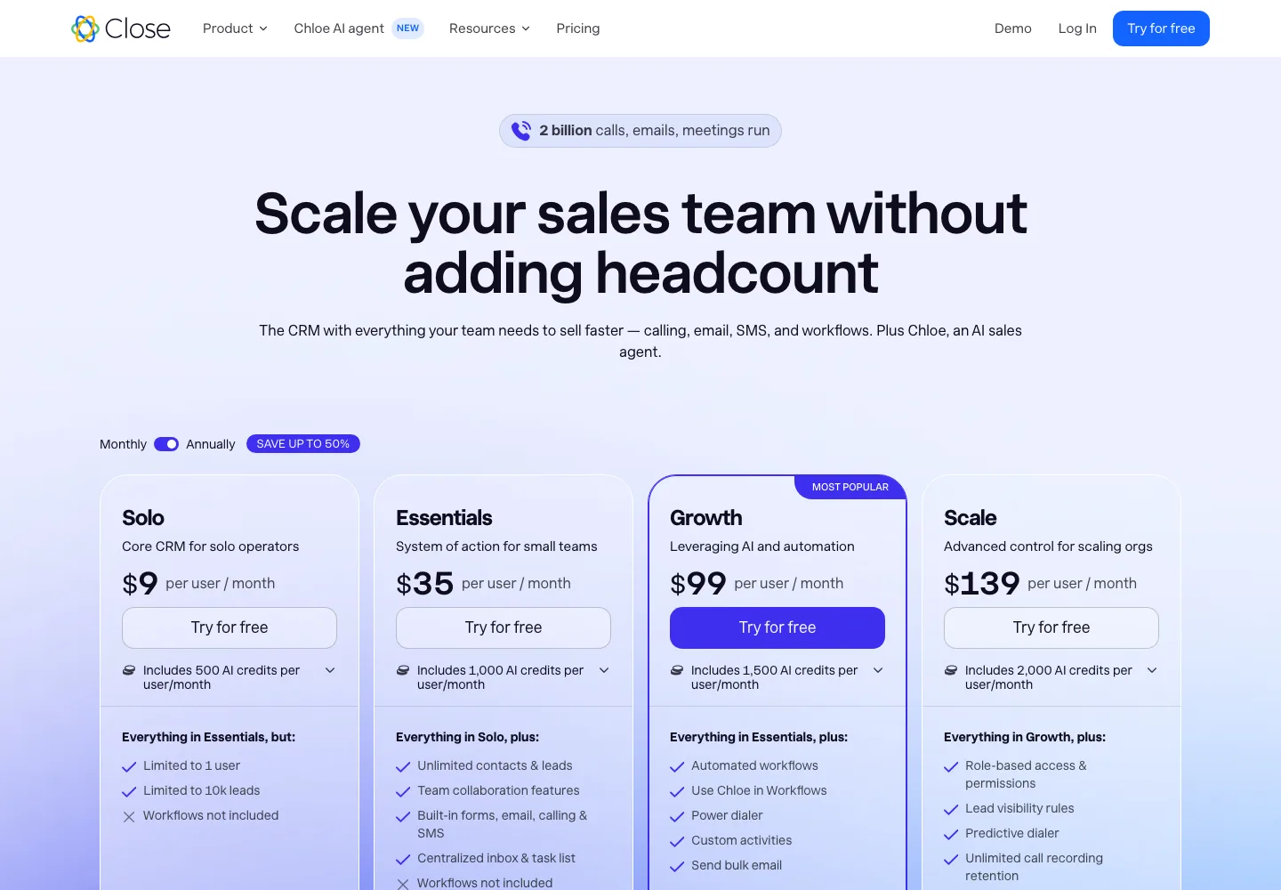 Close CRM pricing 2026 Solo Essentials Growth Scale