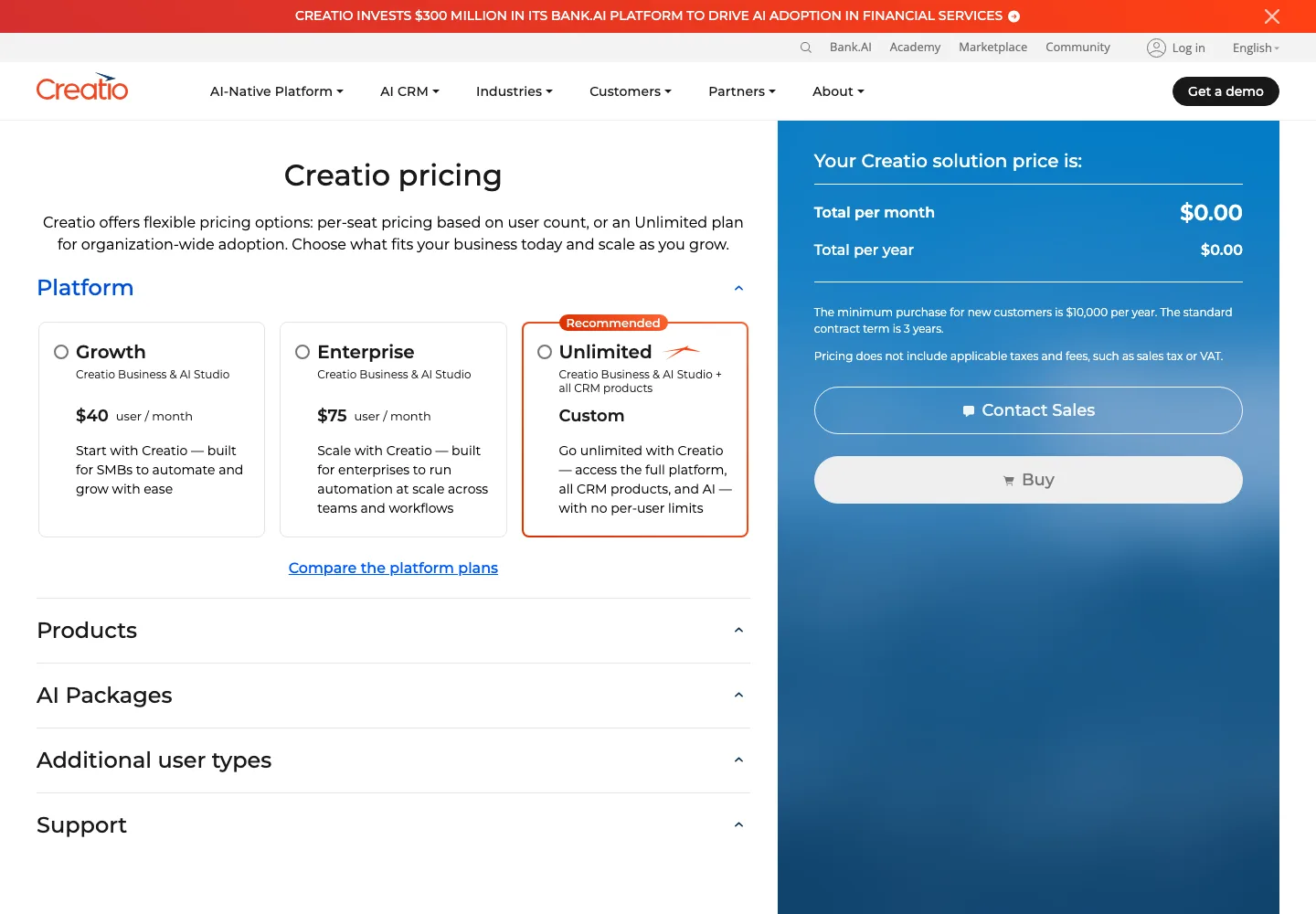 Creatio pricing 2026 Growth Enterprise Unlimited with 10000 dollar minimum