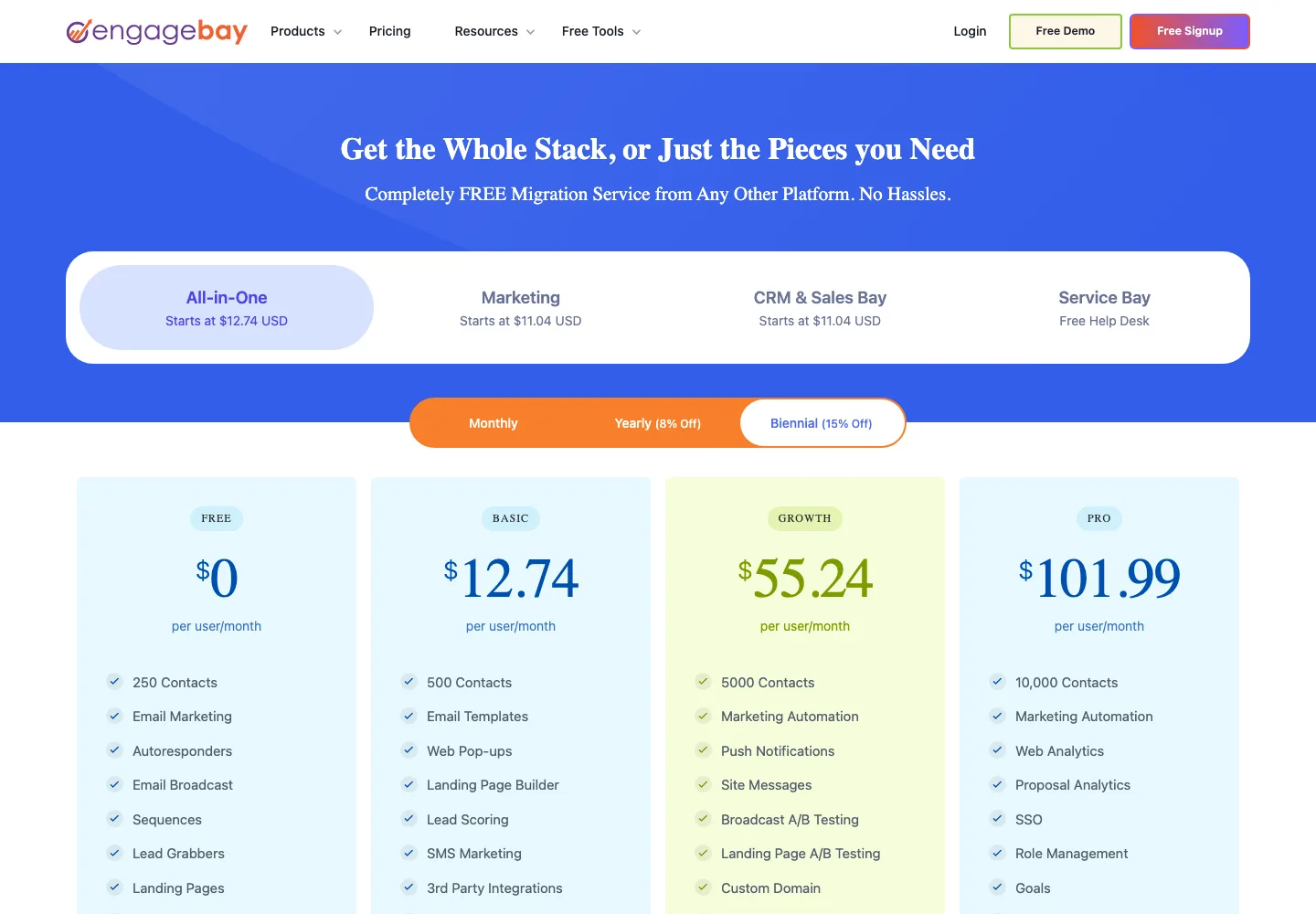 EngageBay All-in-One pricing 2026 Free Basic Growth Pro