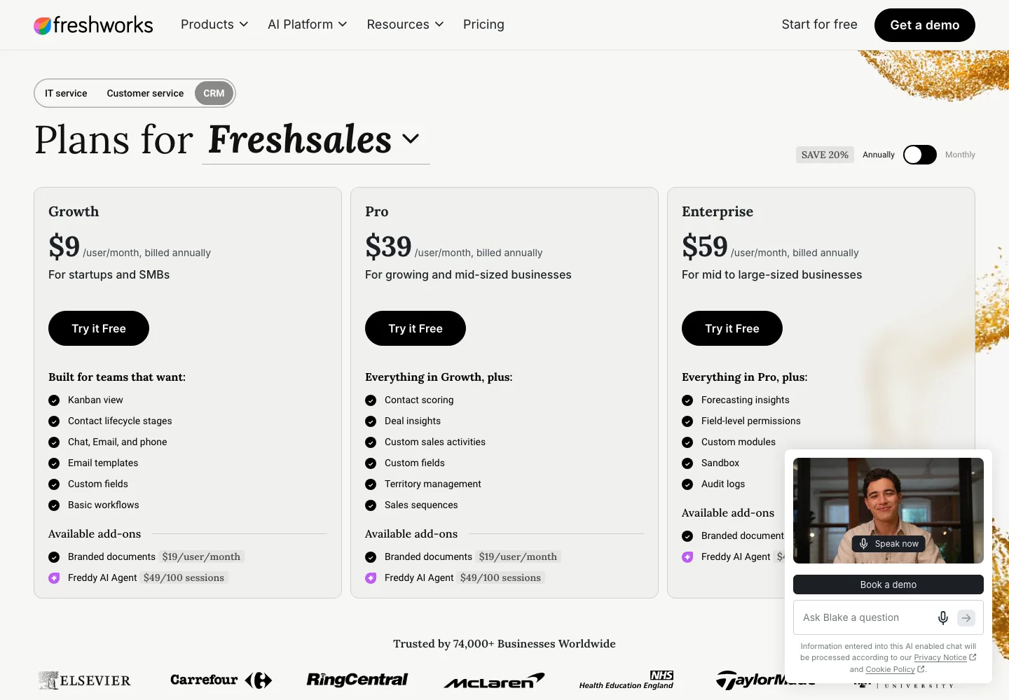 Freshsales pricing 2026 Growth Pro Enterprise