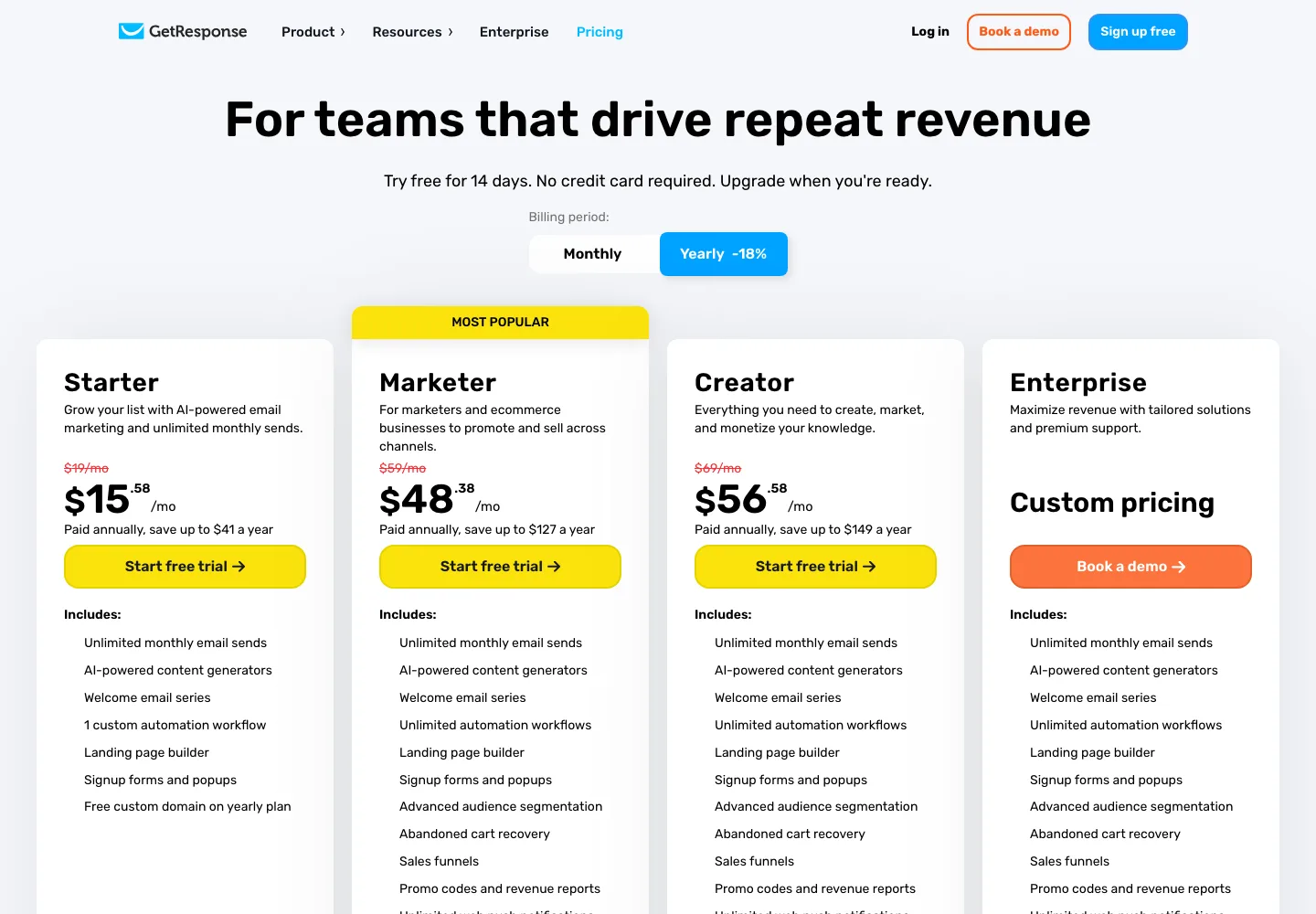 GetResponse pricing 2026 Starter Marketer Creator Enterprise