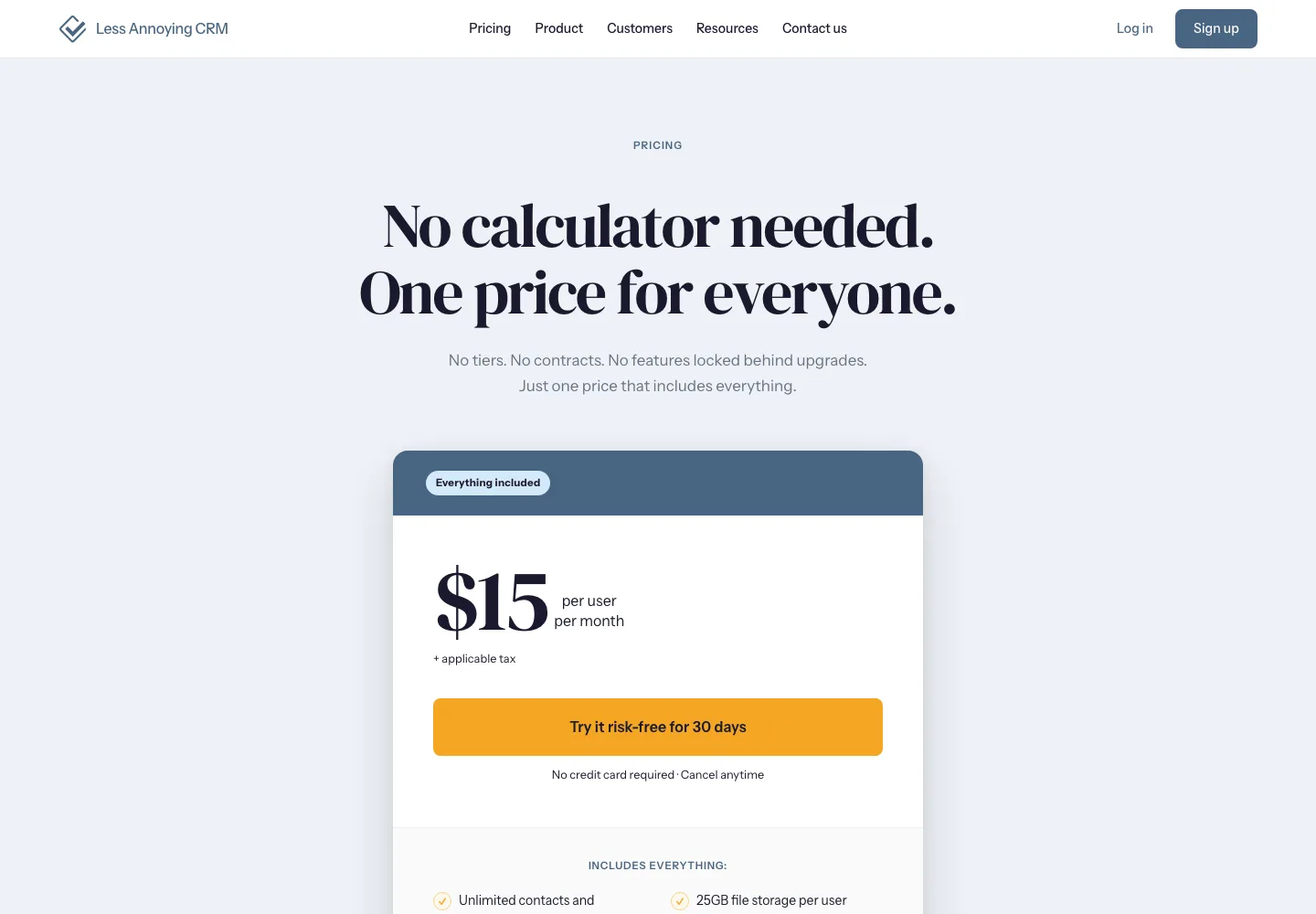 Less Annoying CRM pricing 15 dollars per user per month