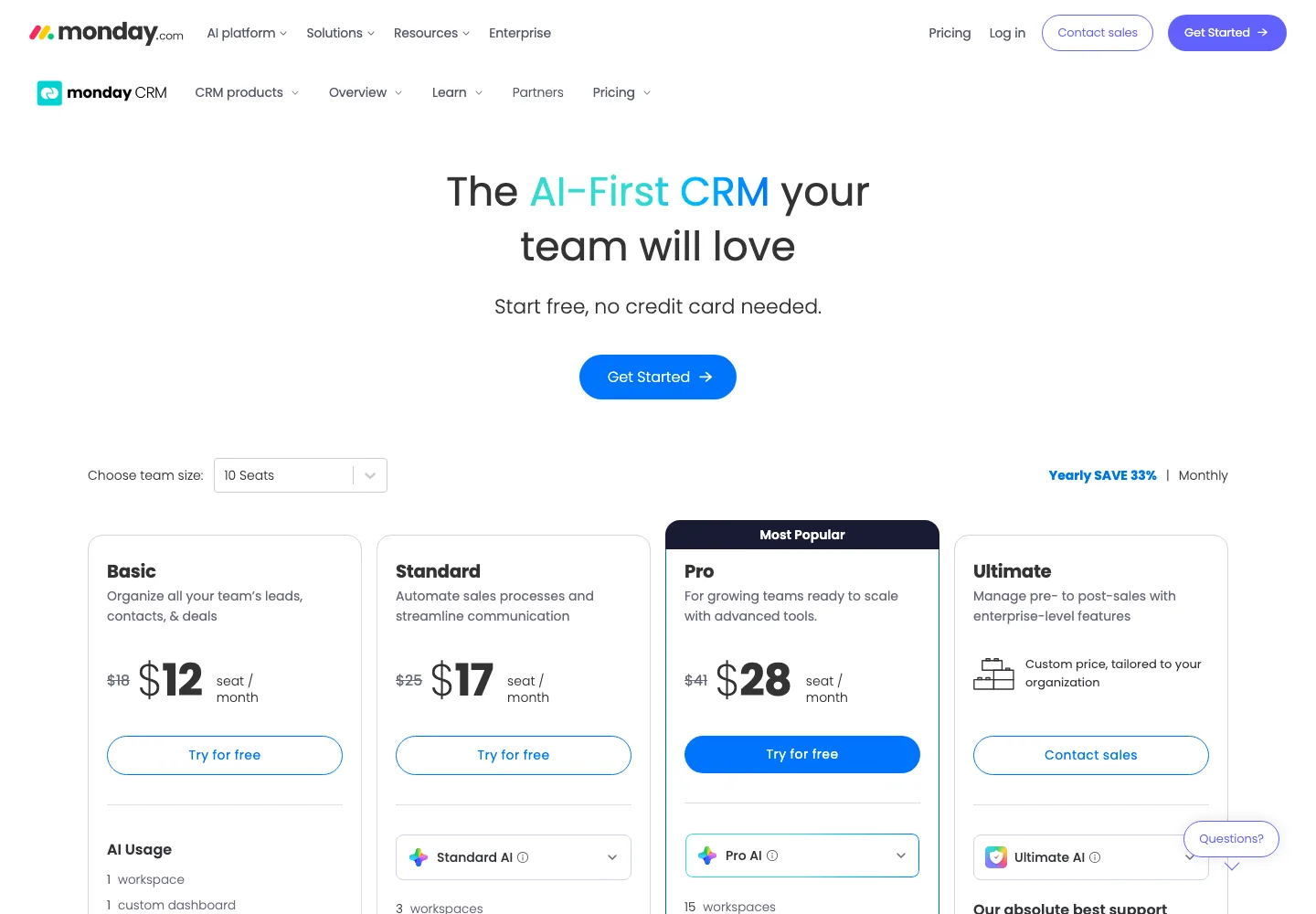 monday CRM pricing 2026 Basic Standard Pro Ultimate