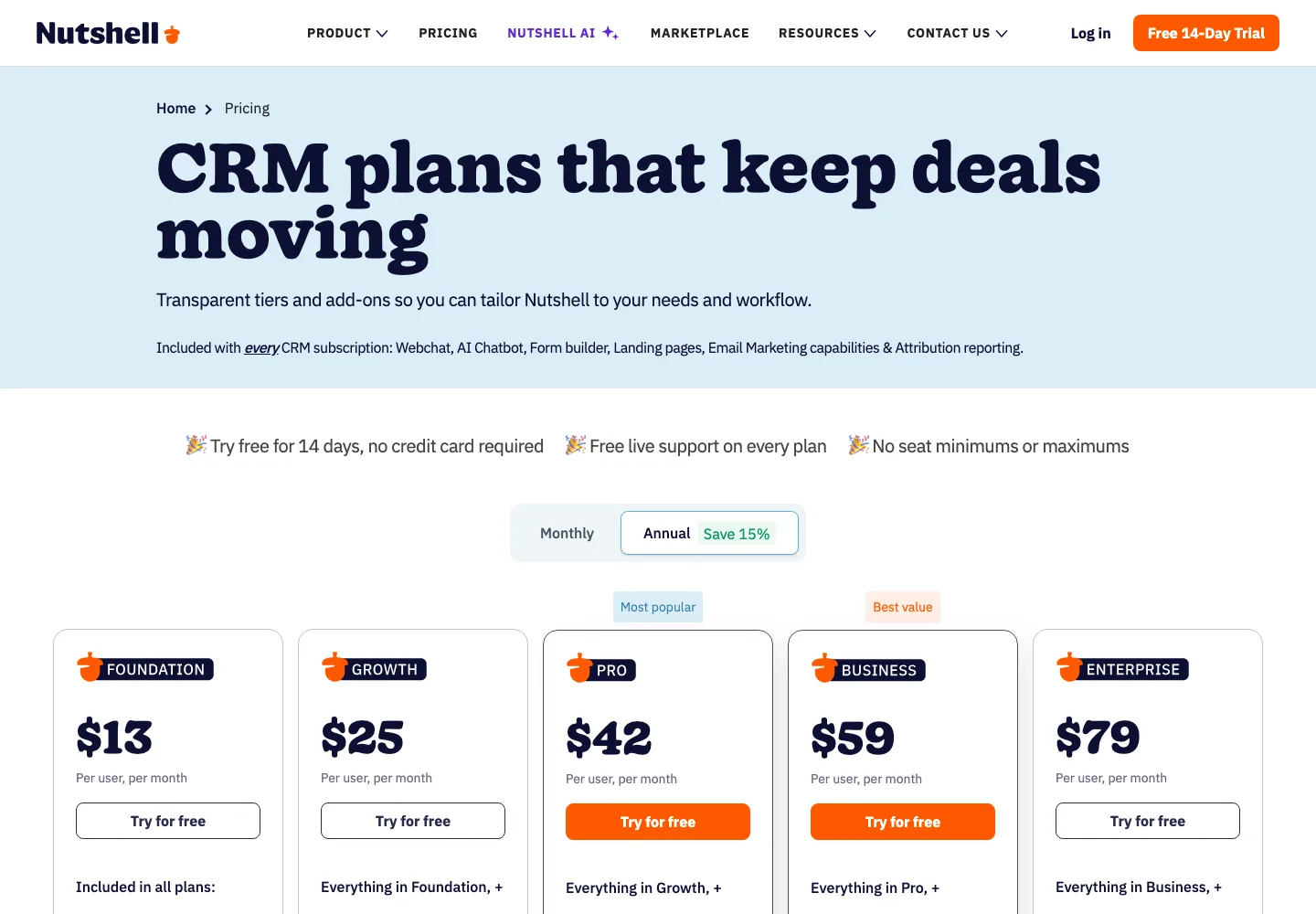 Nutshell CRM pricing 2026 Foundation Growth Pro Business Enterprise