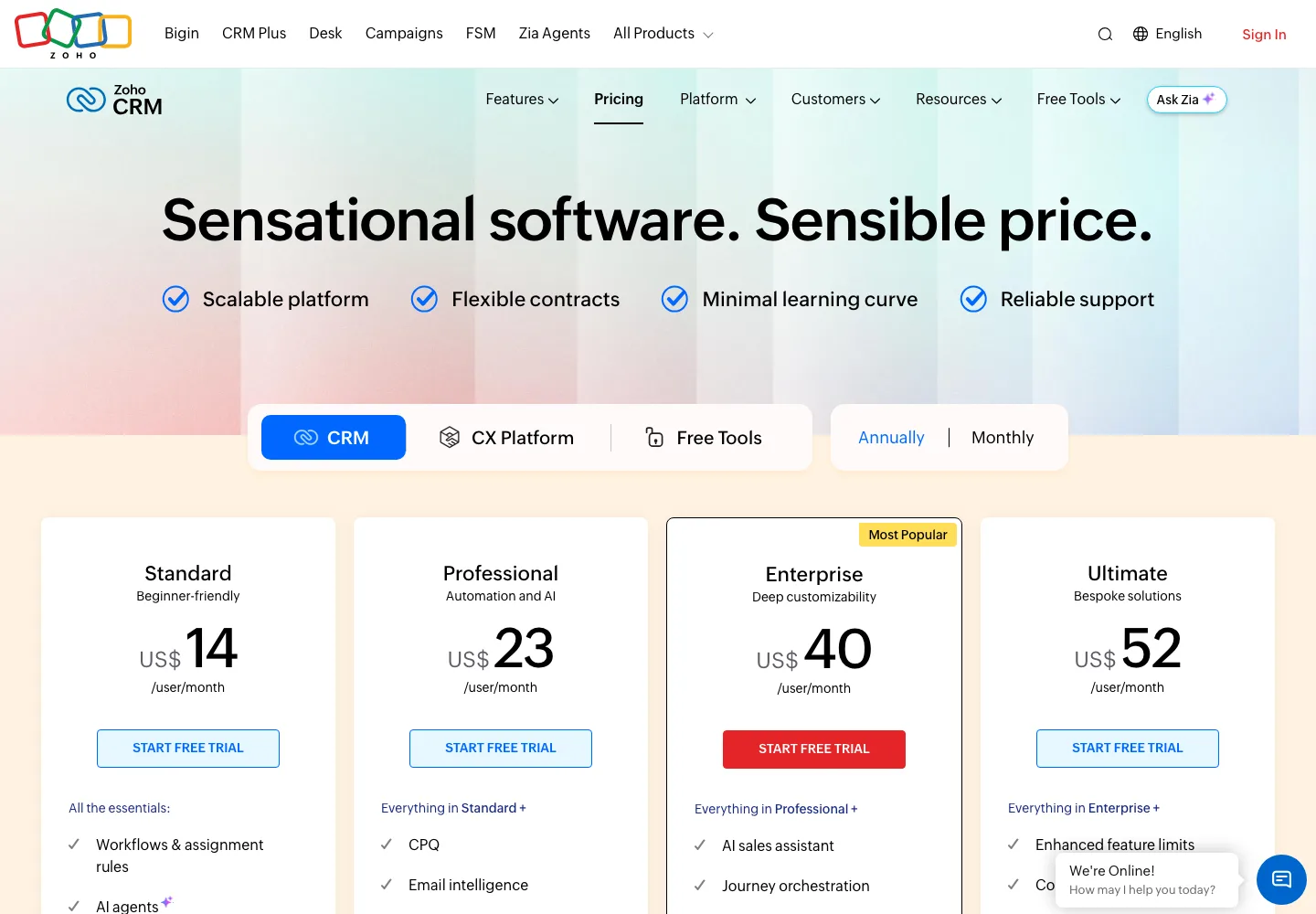 Zoho CRM pricing 2026 Standard Professional Enterprise Ultimate